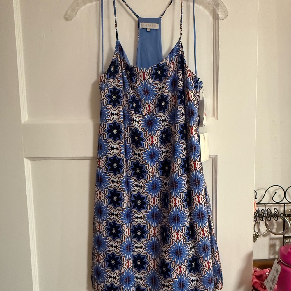 NWT Size XS 1. State Blue and White lined Floral Mini Sundress